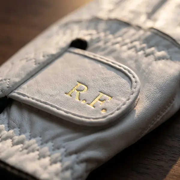 Gold foil initials pressed into the wrist tab