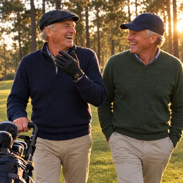 Two friends laughing on a pine-lined course, one wearing a black glove with the initials J.B