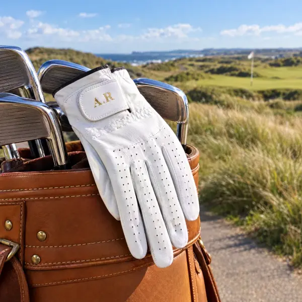 White glove with the initials A.R draped over irons in a tan leather bag on a links course