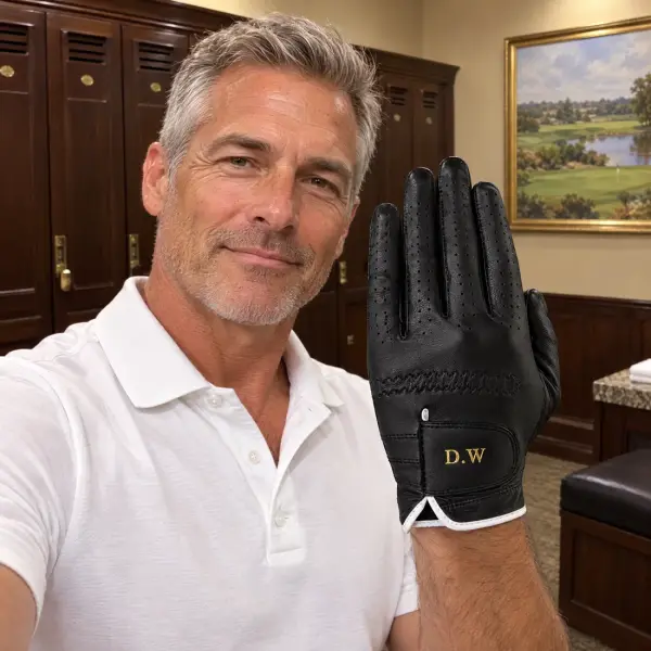Golfer in a clubhouse locker room holding up a black glove with the initials D.W