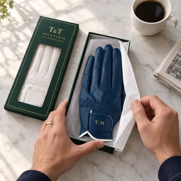 Navy glove with the initials T.M being unwrapped from a green Tee and Tailor gift box