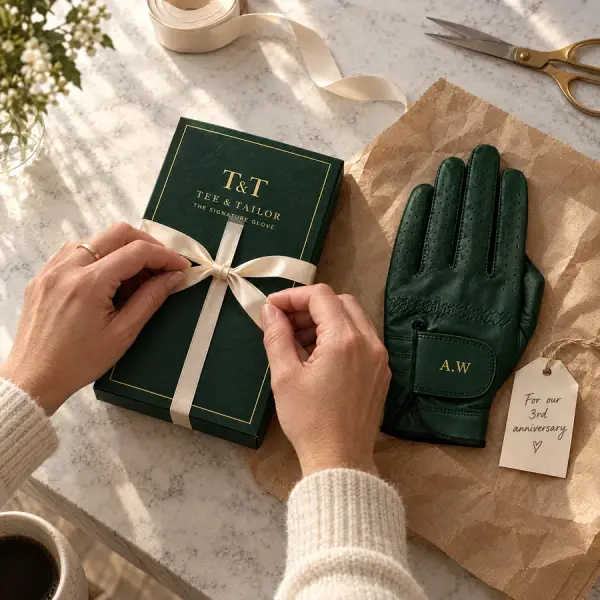 Hands tying a ribbon on a green Tee and Tailor box beside a green glove with the initials A.W