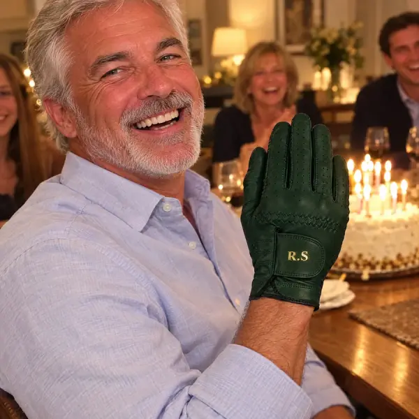 Man laughing at his birthday dinner wearing a green glove with the initials R.S
