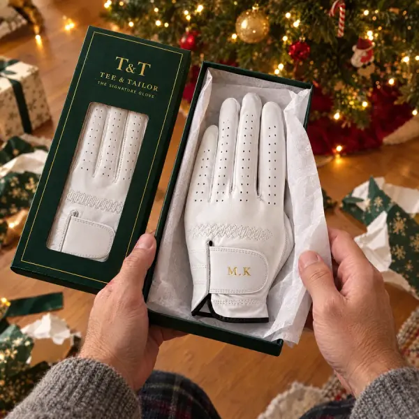 White glove with the initials M.K in an opened green Tee and Tailor box under a Christmas tree