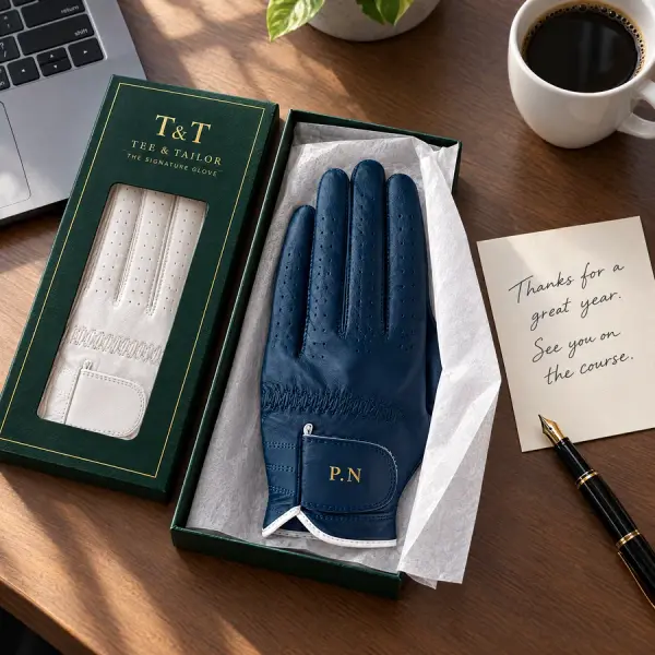 Navy glove with the initials P.N in a green gift box beside a thank-you card on a desk