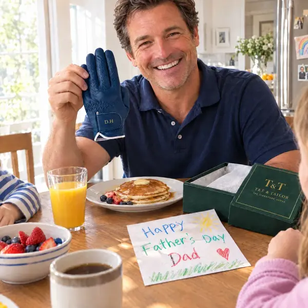 Smiling father holding a navy glove with the initials D.H at a breakfast table with a Father's Day card