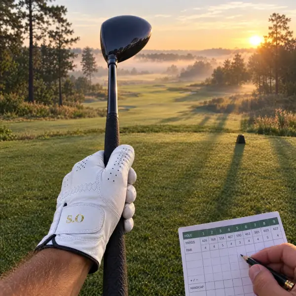 First-person view of a white glove with the initials S.O gripping a driver at dawn