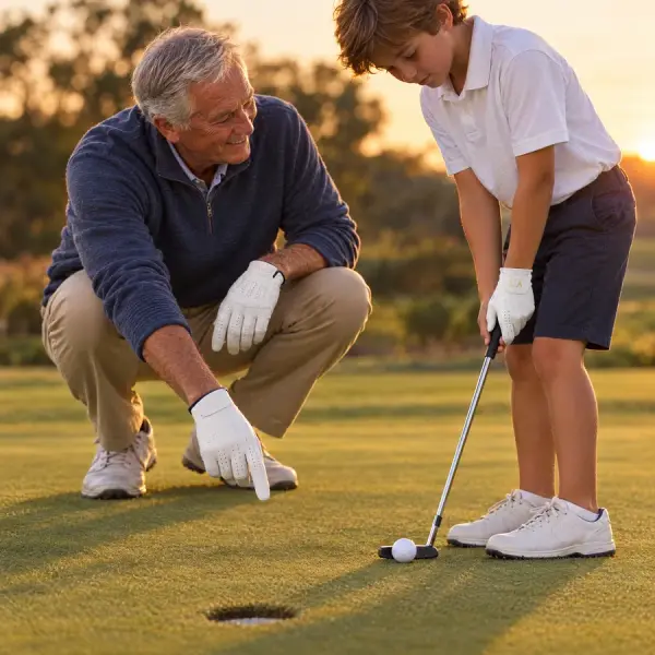 Grandfather and grandson on a putting green, both wearing white gloves