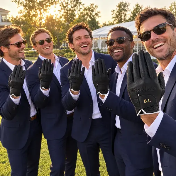 Five groomsmen in navy suits raising black gloves, one with the initials B.L