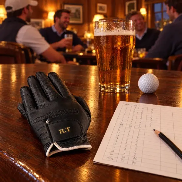 Black glove with the initials H.T beside a pint and a scorecard in a clubhouse bar