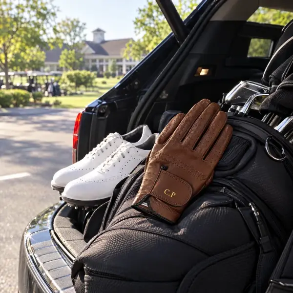 Cognac glove with the initials C.P on a golf bag in an open car boot