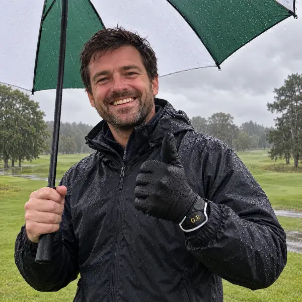 Golfer under an umbrella giving a thumbs up in a black glove with the initials G.E